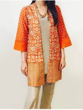 Sapphire Elegant embroidered Orange Patterned Women's jacket with slip and pants